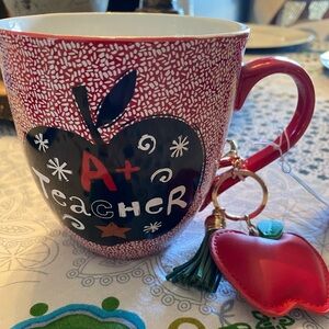 PRIMA DESIGN TEACHER COFFEE MUG AND RED APPLE KEY CHAIN, NWT